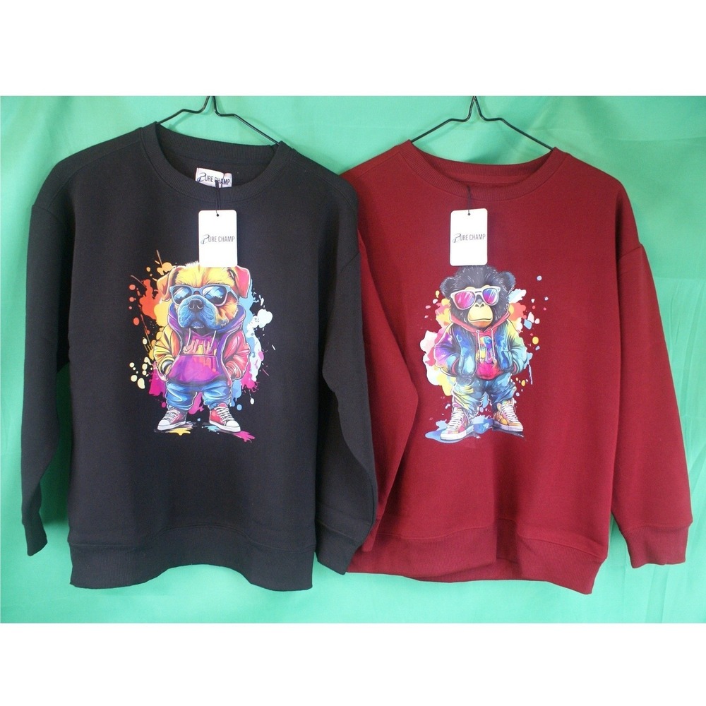 Pure Champ Kids 2-Pack Graphic Sweatshirts Black Dog & Burgundy Monkey 10/12